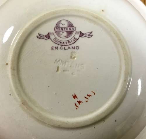 MINTONS=COCKATRICE GREEN=DESSERT BOWLS x 2=PHEASANT=1912-50=Pattern No. 4863=bird=GLOBE BACKSTAMP.
