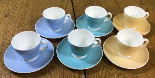 WEDGWOOD APRIL HARLEQUIN COFFEE SET 16 piece DEMITASSE EXPRESSO 1950`s STUNNING SERVICE!!!!!!!!!