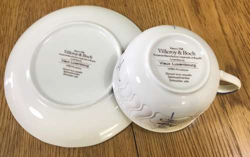 VILLEROY & BOCH=VIEUX LUXEMBOURG PATTERN=TEA CUP=SAUCER=MADE IN LUXEMBOURG=GERMANY=BLUE and WHITE!d