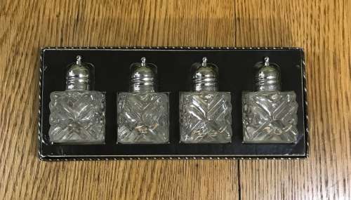 SALT and/or PEPPER CELLARS x 4 GLASS and METAL BOXED BRAND NEW GREENSON PRODUCT NICE GIFT SET!!!!!