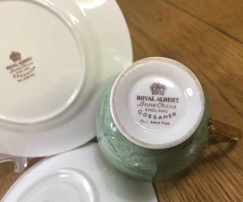 ROYAL ALBERT=GOSSAMER=TRIO=GREEN=TEA CUP=SAUCER=CAKE/SIDE PLATE=3 Piece=SMOOTH (cup) SHAPE 1=1950's