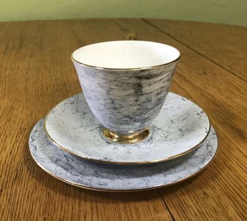 ROYAL ALBERT=GOSSAMER=TRIO=GREY=TEA CUP=SAUCER=CAKE/SIDE PLATE=3 Piece=SMOOTH (cup) SHAPE 1=1950's