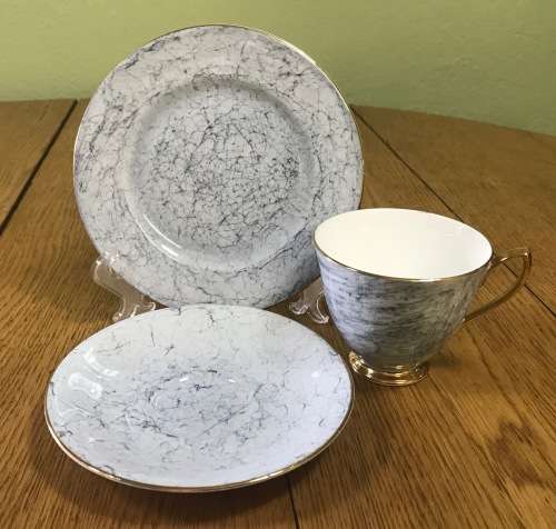 ROYAL ALBERT=GOSSAMER=TRIO=GREY=TEA CUP=SAUCER=CAKE/SIDE PLATE=3 Piece=SMOOTH (cup) SHAPE 1=1950's