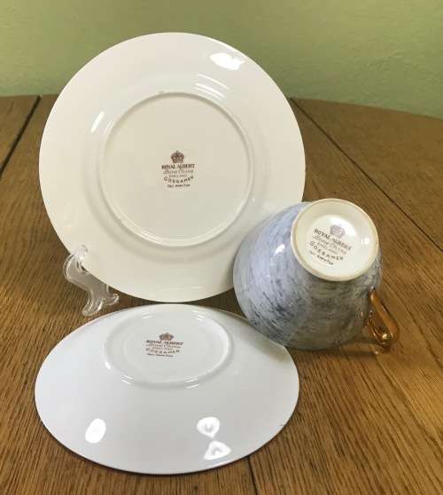 ROYAL ALBERT=GOSSAMER=TRIO=GREY=TEA CUP=SAUCER=CAKE/SIDE PLATE=3 Piece=SMOOTH (cup) SHAPE 1=1950's