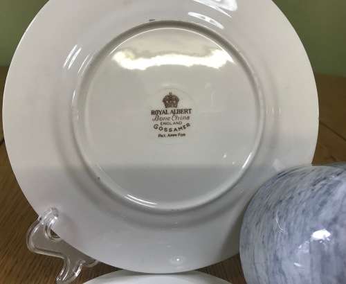 ROYAL ALBERT=GOSSAMER=TRIO=GREY=TEA CUP=SAUCER=CAKE/SIDE PLATE=3 Piece=SMOOTH (cup) SHAPE 1=1950's