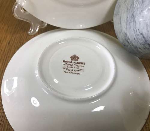 ROYAL ALBERT=GOSSAMER=TRIO=GREY=TEA CUP=SAUCER=CAKE/SIDE PLATE=3 Piece=SMOOTH (cup) SHAPE 1=1950's