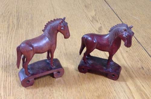 HORSES=PAIR (2)=HAND CARVED=ORIENTAL=CHINESE=ROSEWOOD=STANDING on SCROLLED BASES=CERAMIC BEADED EYES