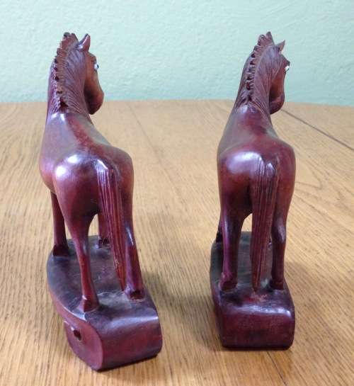 HORSES=PAIR (2)=HAND CARVED=ORIENTAL=CHINESE=ROSEWOOD=STANDING on SCROLLED BASES=CERAMIC BEADED EYES