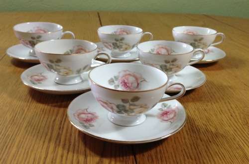 THOMAS=GERMANY=DEMITASSE=EXPRESSO=COFFEE=6 CUPS + 6 SAUCERS=FLOWERS=ROSES=STUNNING FINE PORCELAIN!!!