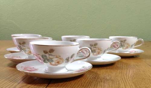 THOMAS=GERMANY=DEMITASSE=EXPRESSO=COFFEE=6 CUPS + 6 SAUCERS=FLOWERS=ROSES=STUNNING FINE PORCELAIN!!!