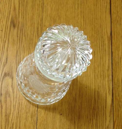 DECANTER=CUT GLASS DECANTER=TAPERED ROUND=EXCELLENT CONDITION=ROSE PATTERN ENGRAVING.