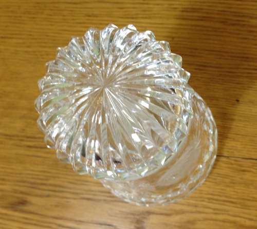 DECANTER=CUT GLASS DECANTER=TAPERED ROUND=EXCELLENT CONDITION=ROSE PATTERN ENGRAVING.