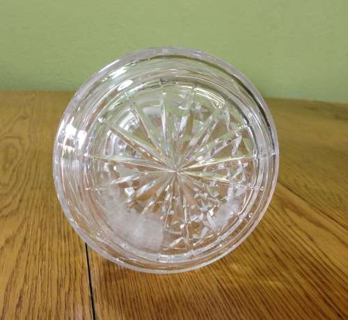 DECANTER=CUT GLASS DECANTER=TAPERED ROUND=EXCELLENT CONDITION=ROSE PATTERN ENGRAVING.
