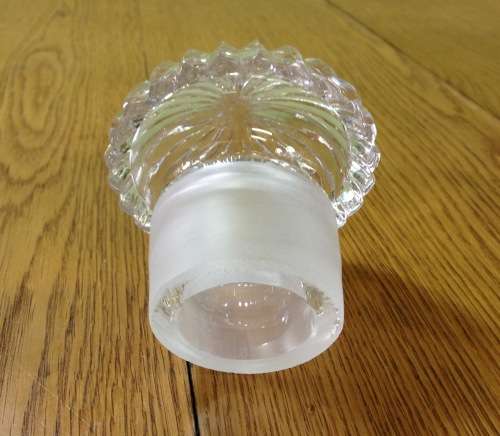 DECANTER=CUT GLASS DECANTER=TAPERED ROUND=EXCELLENT CONDITION=ROSE PATTERN ENGRAVING.