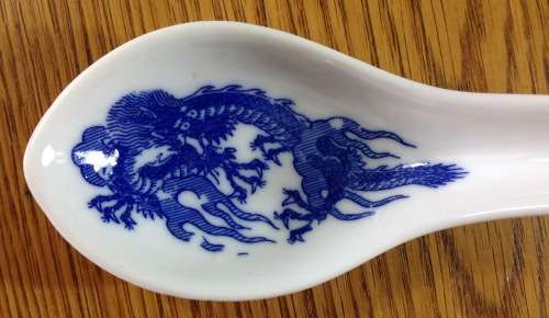 ORIENTAL PORCELAIN CHINESE? TAIWANESE? RICE BOWLS x 4 SPOONS x 4 Blue & White Dragon Pattern!!!!