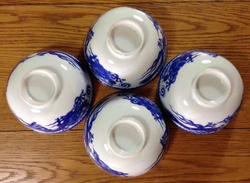 ORIENTAL PORCELAIN CHINESE? TAIWANESE? RICE BOWLS x 4 SPOONS x 4 Blue & White Dragon Pattern!!!!