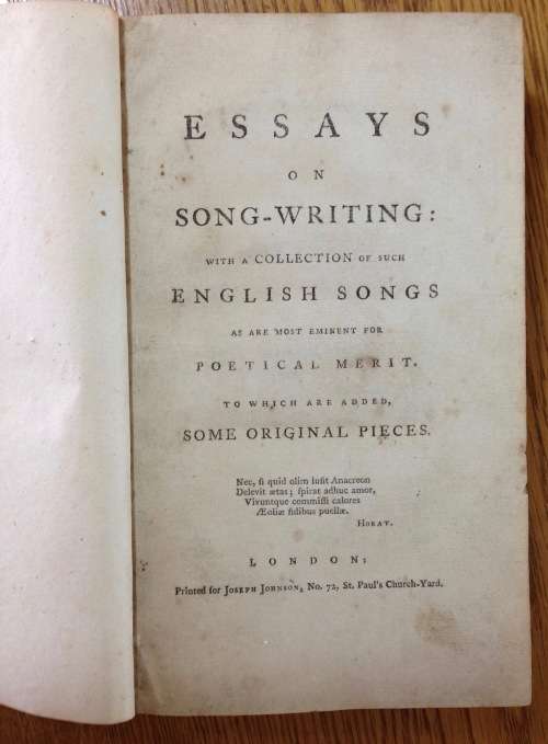 ESSAYS ON SONG WRITING Attributed to JOHN AIKIN 1st Edition 1772 with a collection of English Songs.