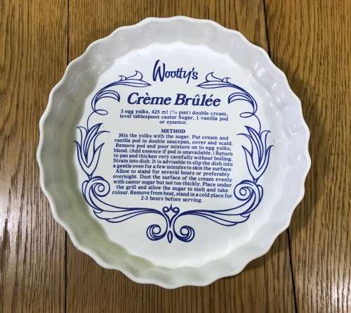 RHODESIAN ROUND CREME BRULEE DISH with WOOTTY`S RECIPE NORBEL POTTERIES SALISBURY RHODESIA 60`s-70`s