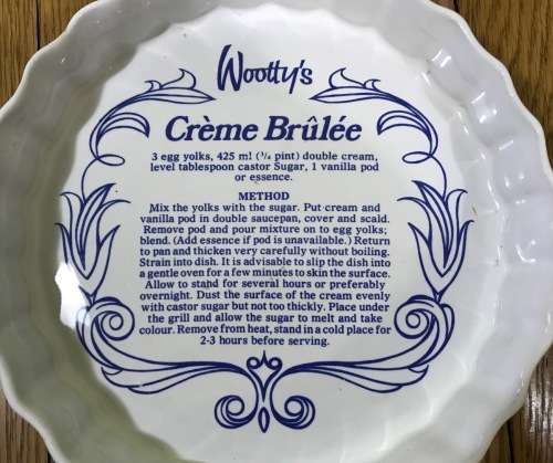RHODESIAN ROUND CREME BRULEE DISH with WOOTTY`S RECIPE NORBEL POTTERIES SALISBURY RHODESIA 60`s-70`s