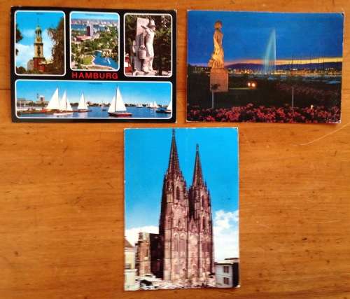 POSTCARDS x 3 POST CARDS GERMANY HAMBURG KOLM RHEIN SWITZERLAND GENEVE 1974 1977 1985.