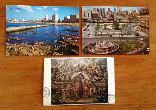 POSTCARDS x 3 POST CARDS SPAIN CORUNA BEACH ESPLANADE FOUNTAIN BUILDINGS SEA ART.