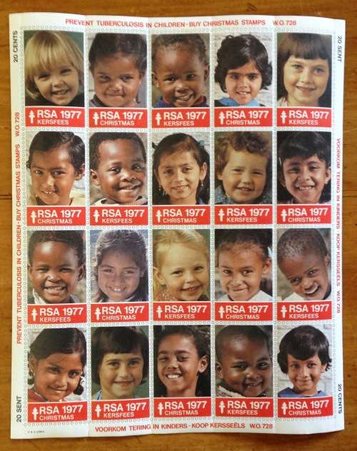 CHRISTMAS STAMPS SHEET RSA KERSFEES 1977 PREVENT TB in CHILDREN MULTI-RACIAL 20c CINDERELLAS.