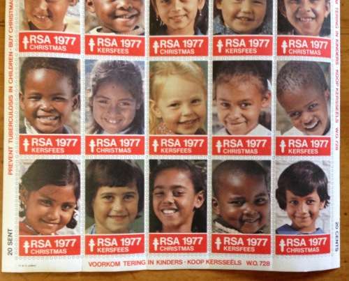 CHRISTMAS STAMPS SHEET RSA KERSFEES 1977 PREVENT TB in CHILDREN MULTI-RACIAL 20c CINDERELLAS.