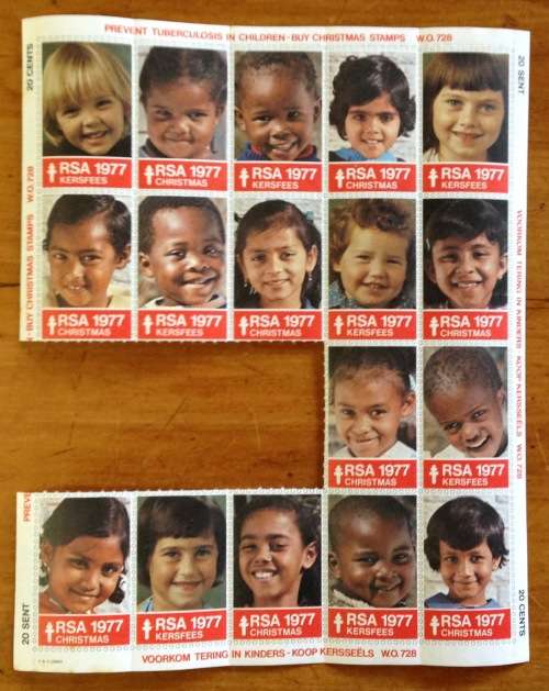 CHRISTMAS STAMPS part SHEET RSA KERSFEES 1977 PREVENT TB in CHILDREN MULTI-RACIAL 20c CINDERELLAS.