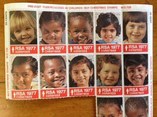 CHRISTMAS STAMPS part SHEET RSA KERSFEES 1977 PREVENT TB in CHILDREN MULTI-RACIAL 20c CINDERELLAS.