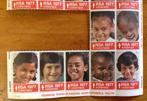 CHRISTMAS STAMPS part SHEET RSA KERSFEES 1977 PREVENT TB in CHILDREN MULTI-RACIAL 20c CINDERELLAS.