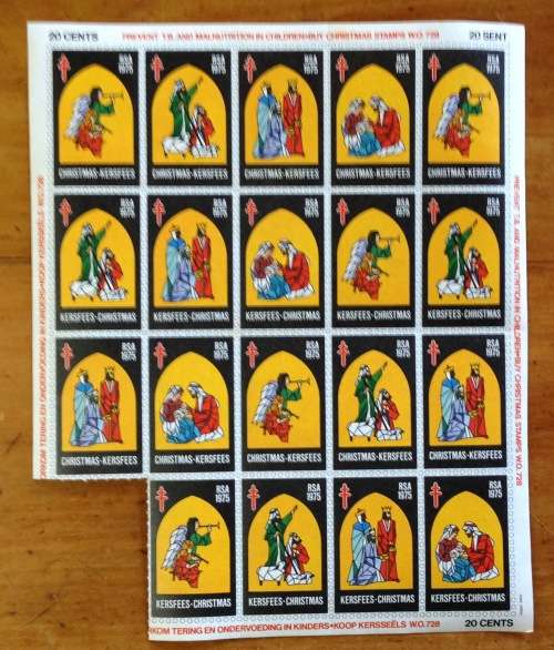 CHRISTMAS STAMPS part SHEET RSAKERSFEES 1975 PREVENT TB MALNUTRITION 20c CINDERELLAS.