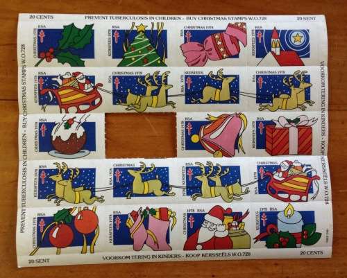CHRISTMAS STAMPS SHEET RSA KERSFEES 1978 PREVENT TB in CHILDREN 20c CINDERELLAS REINDEER SLEIGH BELL