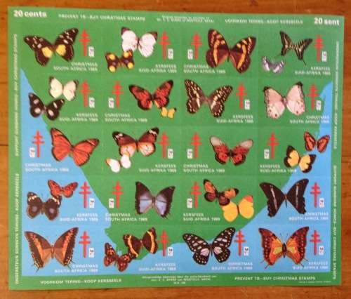 CHRISTMAS STAMPS SHEET 1969 RSA KERSFEES PREVENT TB 20c CINDERELLA BUTTERFLIES by E.C BYRNE SPRINBOK