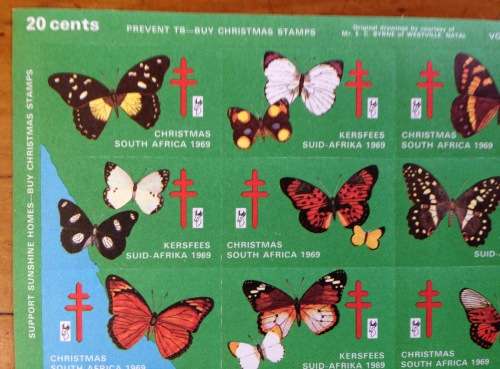 CHRISTMAS STAMPS SHEET 1969 RSA KERSFEES PREVENT TB 20c CINDERELLA BUTTERFLIES by E.C BYRNE SPRINBOK