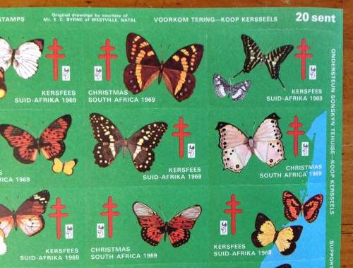 CHRISTMAS STAMPS SHEET 1969 RSA KERSFEES PREVENT TB 20c CINDERELLA BUTTERFLIES by E.C BYRNE SPRINBOK