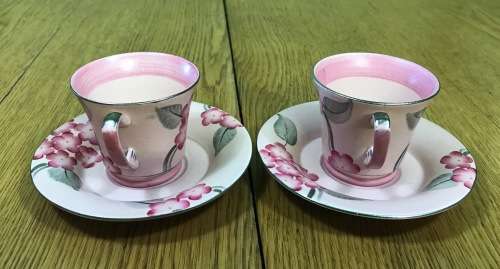 DEMITASSE Cup & Saucer x 2 CROWN DEVON FIELDINGS ENGLAND COFFEE EXPRESSO amazing PINK FLORAL DESIGN!