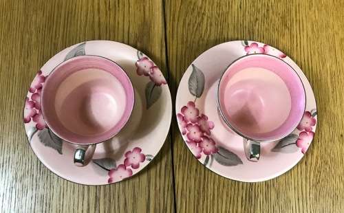 DEMITASSE Cup & Saucer x 2 CROWN DEVON FIELDINGS ENGLAND COFFEE EXPRESSO amazing PINK FLORAL DESIGN!