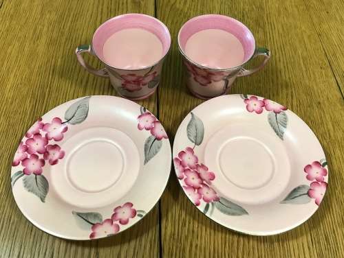 DEMITASSE Cup & Saucer x 2 CROWN DEVON FIELDINGS ENGLAND COFFEE EXPRESSO amazing PINK FLORAL DESIGN!