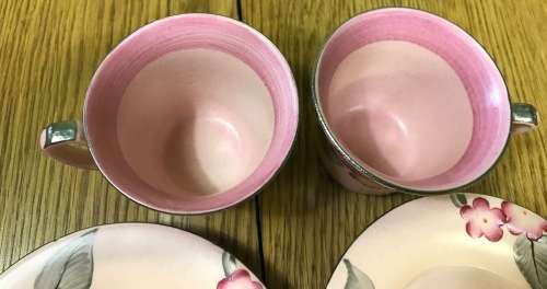 DEMITASSE Cup & Saucer x 2 CROWN DEVON FIELDINGS ENGLAND COFFEE EXPRESSO amazing PINK FLORAL DESIGN!