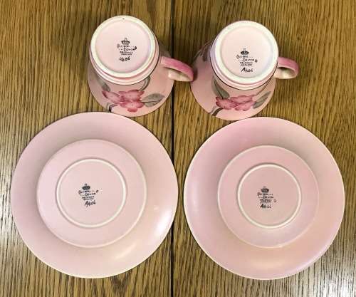 DEMITASSE Cup & Saucer x 2 CROWN DEVON FIELDINGS ENGLAND COFFEE EXPRESSO amazing PINK FLORAL DESIGN!