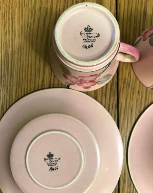 DEMITASSE Cup & Saucer x 2 CROWN DEVON FIELDINGS ENGLAND COFFEE EXPRESSO amazing PINK FLORAL DESIGN!