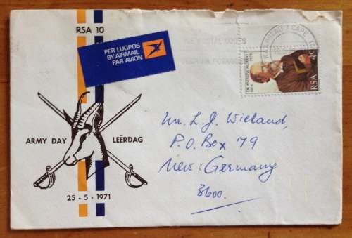 ARMY DAY LEERDAG 25 MAY 1971 RSA 10 CELEBRATIONS POSTALLY USED LOCALLY 16 MAY 1978 R.F. Putzel CAPE.