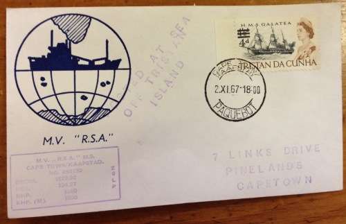 TRISTAN DA CUNHA=2/11/1967=M.V. R.S.A. SHIP=SG108=ovptd 4d on SG76=POSTED AT SEA OFF TRISTAN ISLAND.