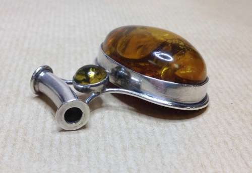 AMBER set in 925 STERLING SILVER PENDANT=HUGE=CABOCHON=TUNNEL for CHAIN/NECKLACE=MARKED=STUNNING!!!!