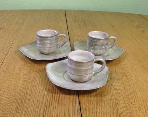 COFFEE DUO`S EXPRESSO CUPS + SAUCERS x 3 of each UNUSUAL SHAPE KOREAN POTTERY?? UNIQUE!!!