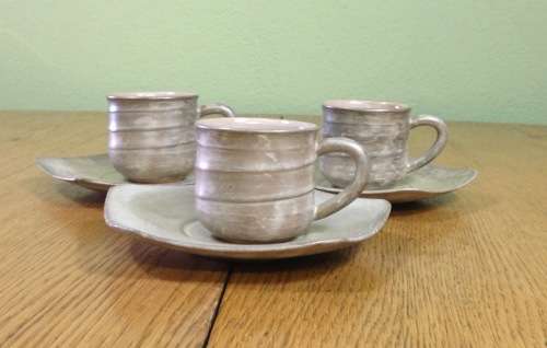 COFFEE DUO`S EXPRESSO CUPS + SAUCERS x 3 of each UNUSUAL SHAPE KOREAN POTTERY?? UNIQUE!!!