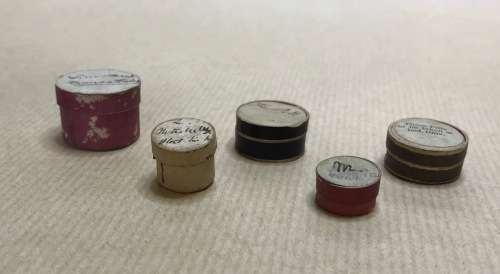 PILL BOXES x 5 MERLE NORMAN SUPER LUBRICATOR SAMPLE TIN VINTAGE CARDBOARD SMALL.