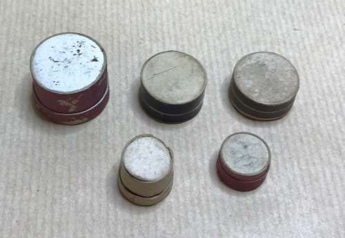 PILL BOXES x 5 MERLE NORMAN SUPER LUBRICATOR SAMPLE TIN VINTAGE CARDBOARD SMALL.