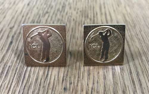 CUFF LINKS CUFFLINKS ICL INTERNATIONAL COMPUTERS LIMITED GOLD TONE golfer golf GREAT CONDITION!