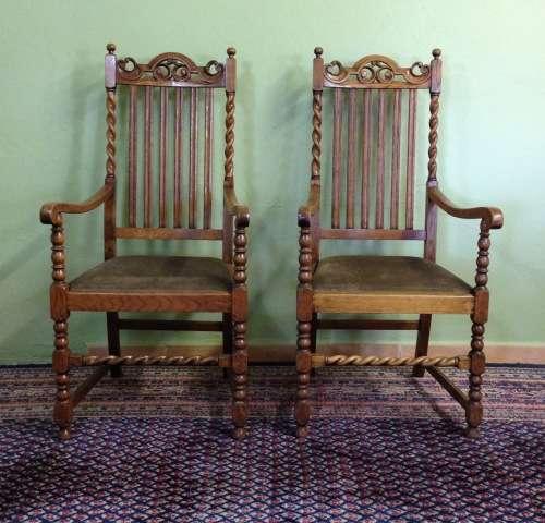 SOLID CARVED OAK BARLEY TWIST ARM CHAIRS x PAIR (2) CARVERS DINING ROOM CHAIRS AWESOME PAIR!!!